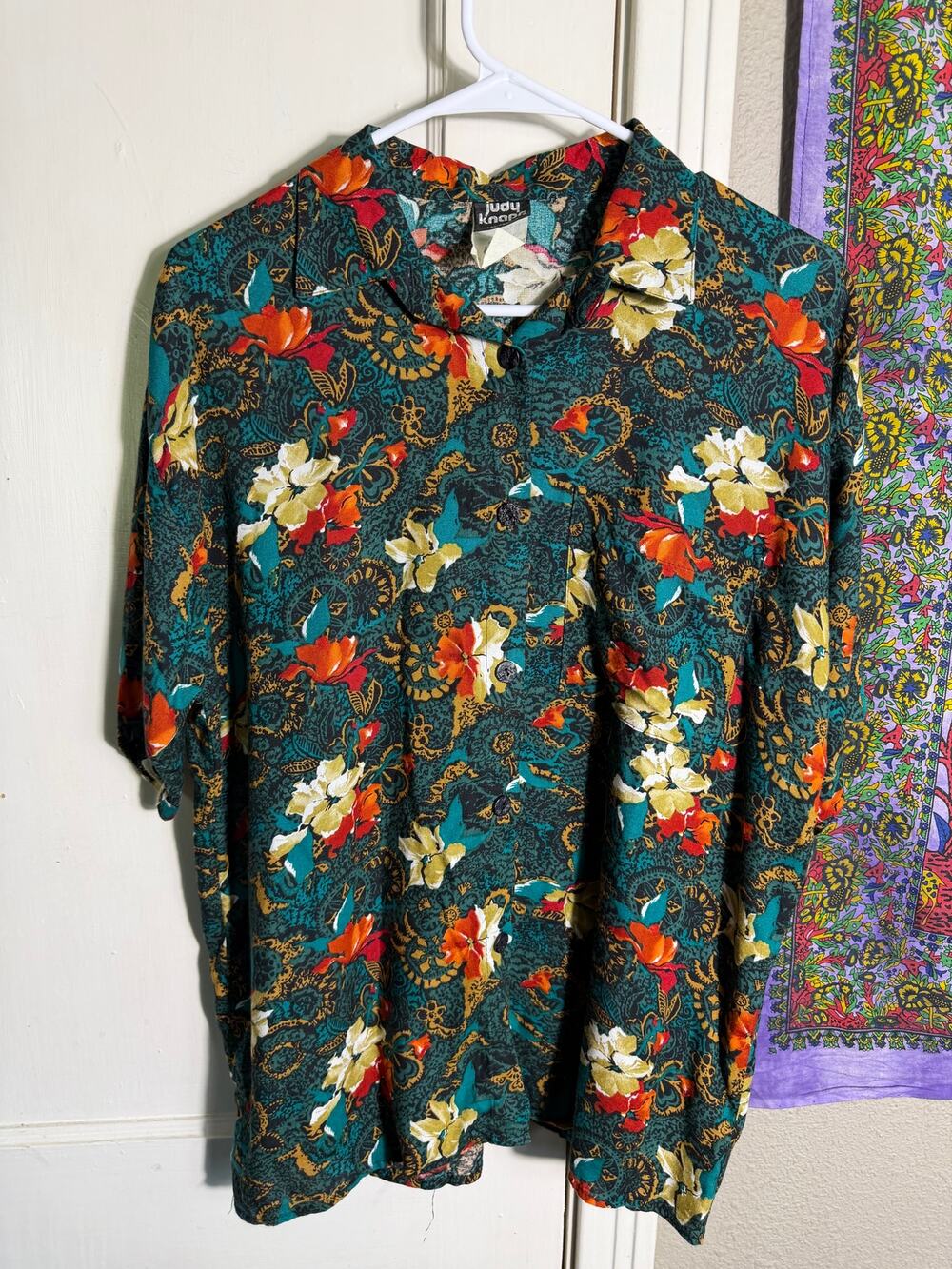 Vintage 80s Judy Knapp Floral Blouse Oversized Dark Teal Paisley Button Up - M